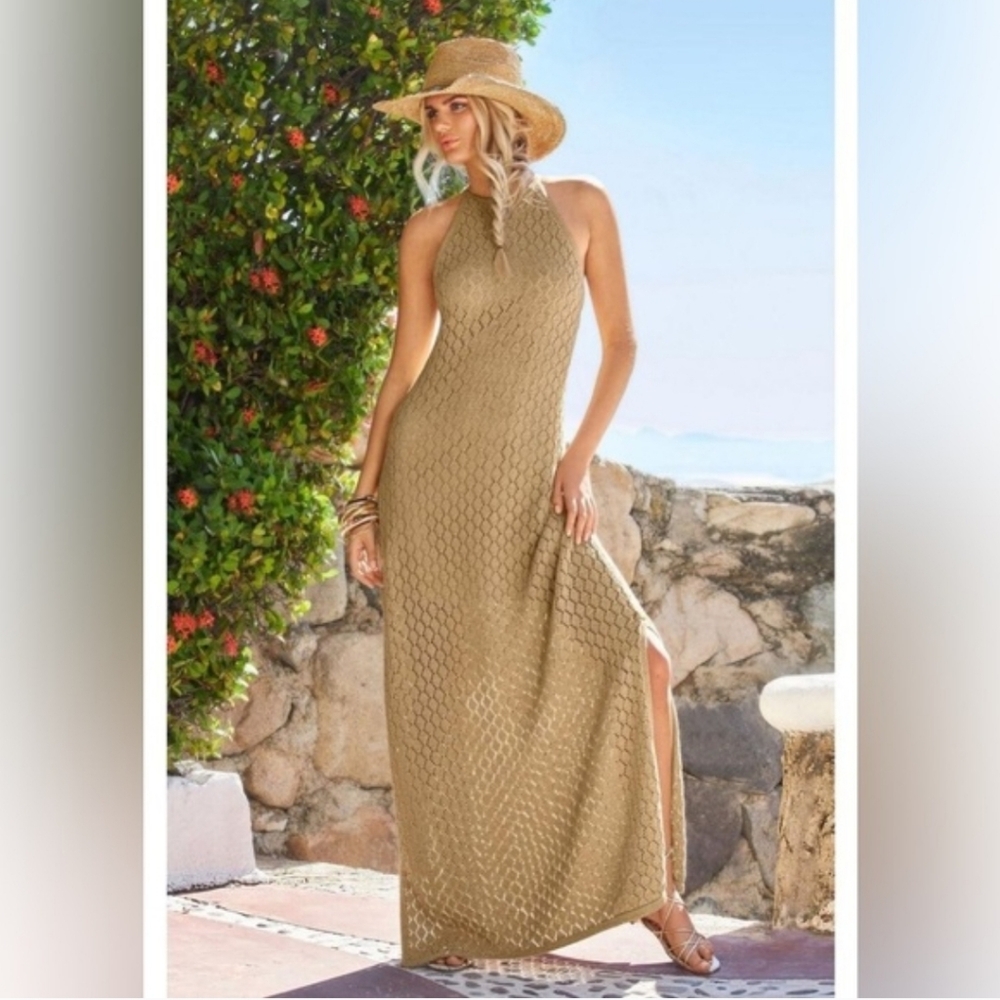 Boston Proper Gold Crochet Open Knit Halter Maxi Dress Small Resortwear Beachy